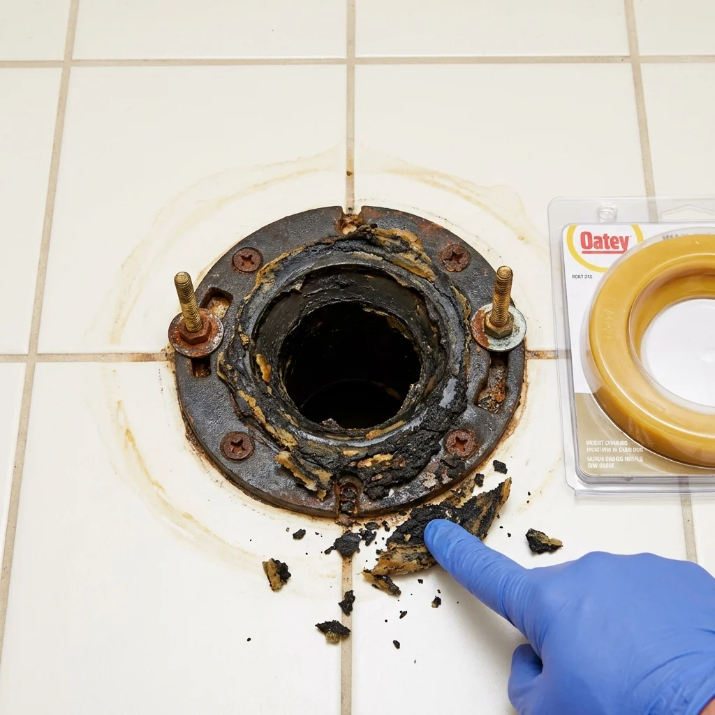 Failed wax ring showing water seepage at the base of a toilet in a Indianola, MS home